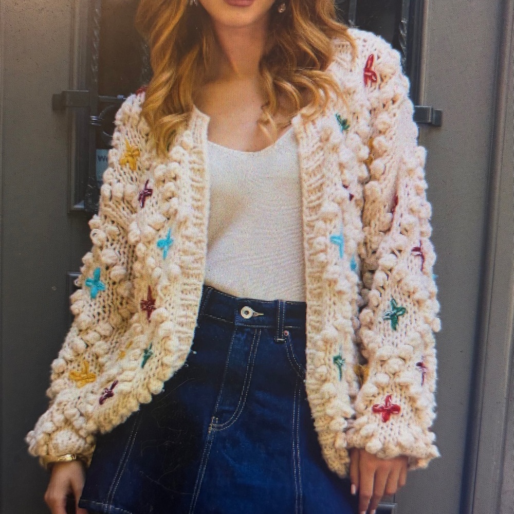 SAACHI Cream Cardigan with Colorful Knit Accents - Picture 2 of 3